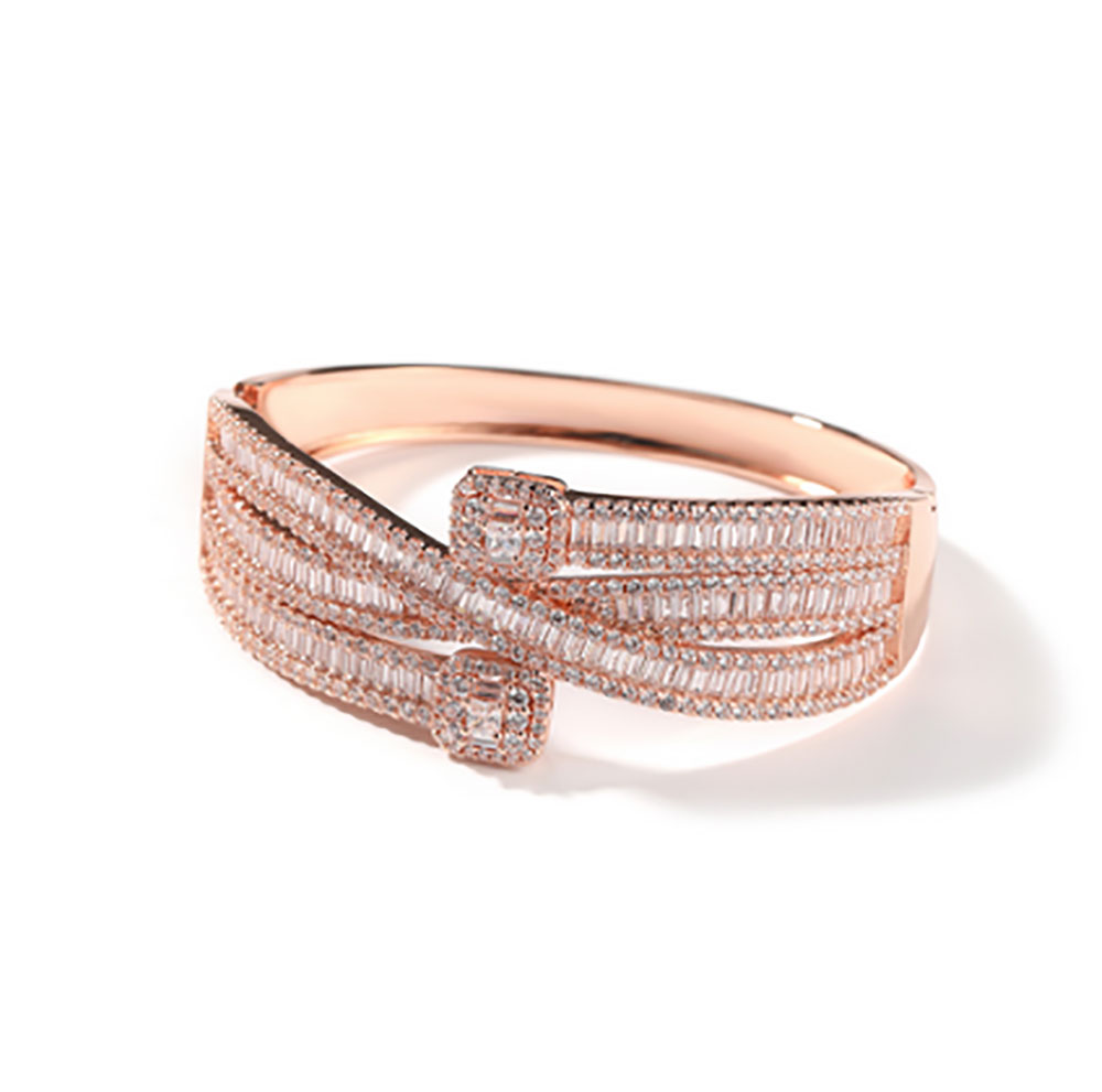 Bracelet Baguette en or 14 carats pour hommes et femmes, zircone cubique, grappe de diamants, taille d'ouverture, bijoux hip hop