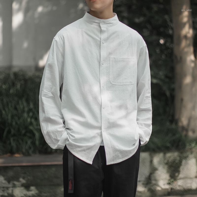 

Men's Casual Shirts Long Sleeve Harajuku Fashion Stand Up Collar Man Shirt 2022 Solid Color Male Oversized Blouses, White