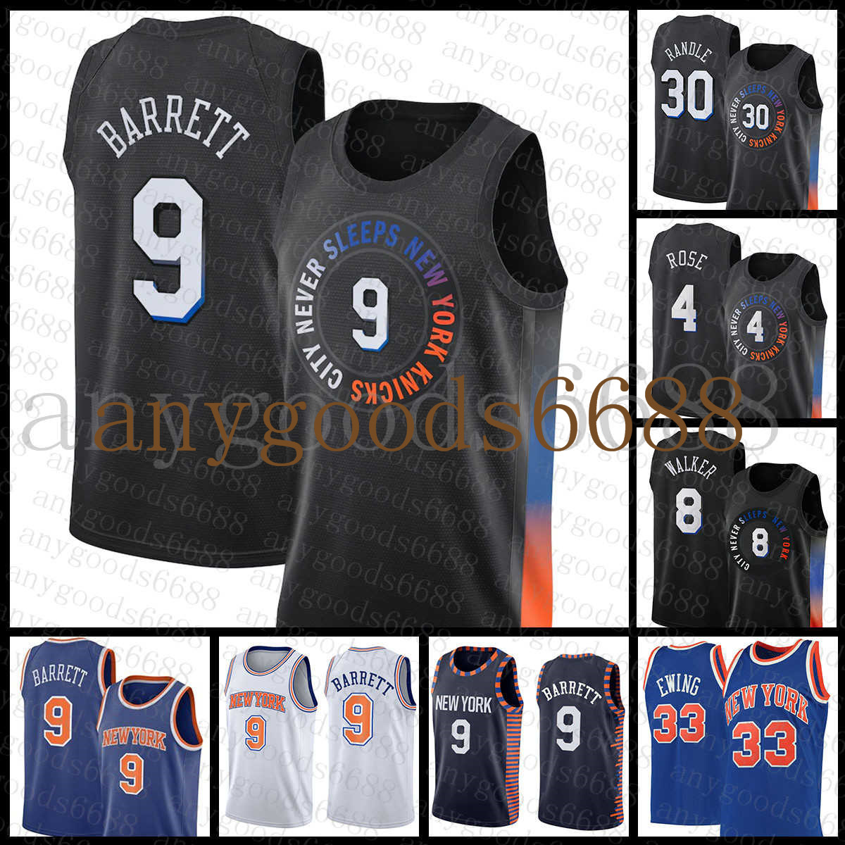 

New''York''Knicks''Men 8 33 RJ Barrett Julius Randle Derrick Rose Basketball Jersey 9 30 4 Kemba Walker Patrick Ewing 021