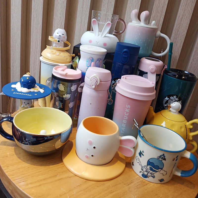 Starbucks cup moon rabbit Cherry Blossom cat starry sky Christmas Mug accompanying straw cup thermos glass water cup-image-759402036