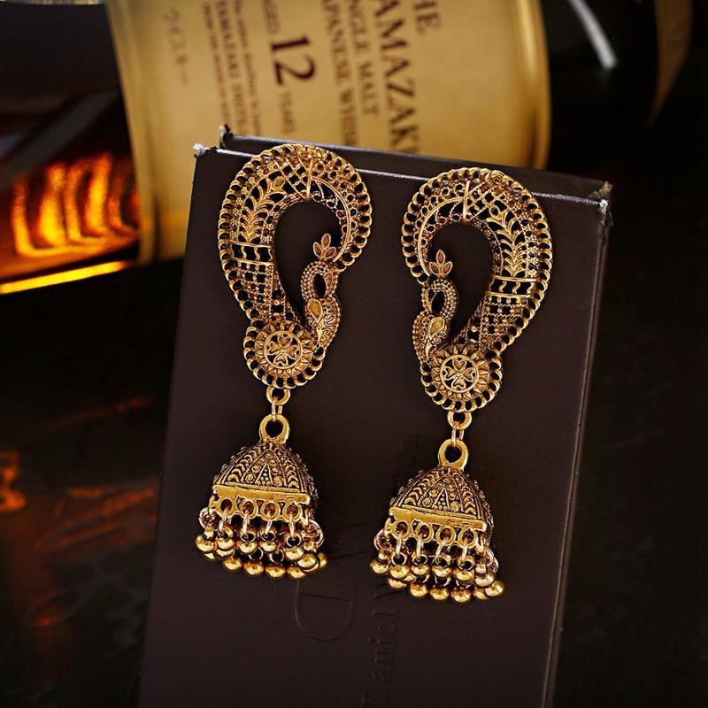 

Dangle & Chandelier Vintage Antique Gold Peacock Hollow Gypsy Earrings For Women Ethnic Boho Afghan Bells
