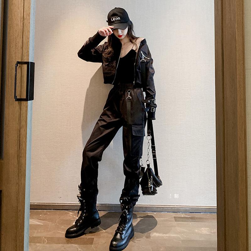 

Women's Two Piece Pants Women's Sets Overalls Woman Female Black Handsome Street Sweater Jacket Shorts High Waist Cargo 2-Piece Set Outf, Black pants