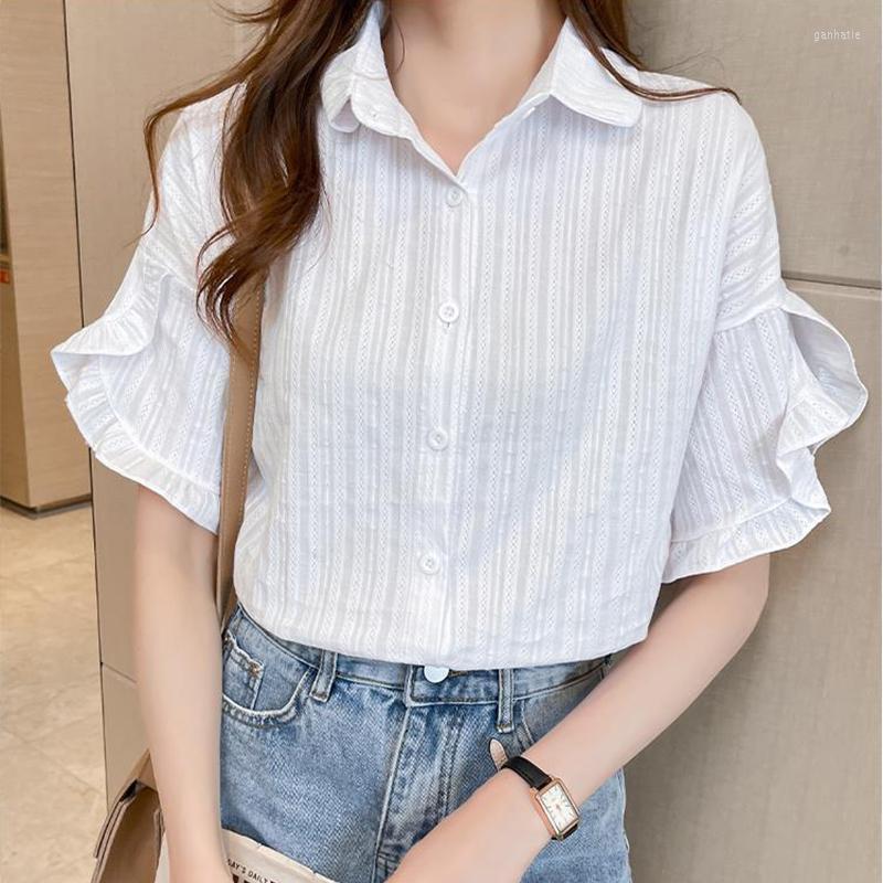 

Women's Blouses & Shirts Ladies Korean Ruffles Short Sleeve Casual Tops Summer Elegant Fashion Vertical Striped Shirt Women Solid Color Slim, White