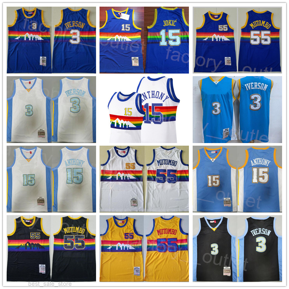 Man Vintage Basketball Mitchell & Ness Jersey Retro Dikembe Mutombo 55 Allen Iverson 3 Carmelo 15 Stitched Team Color Black Blue White