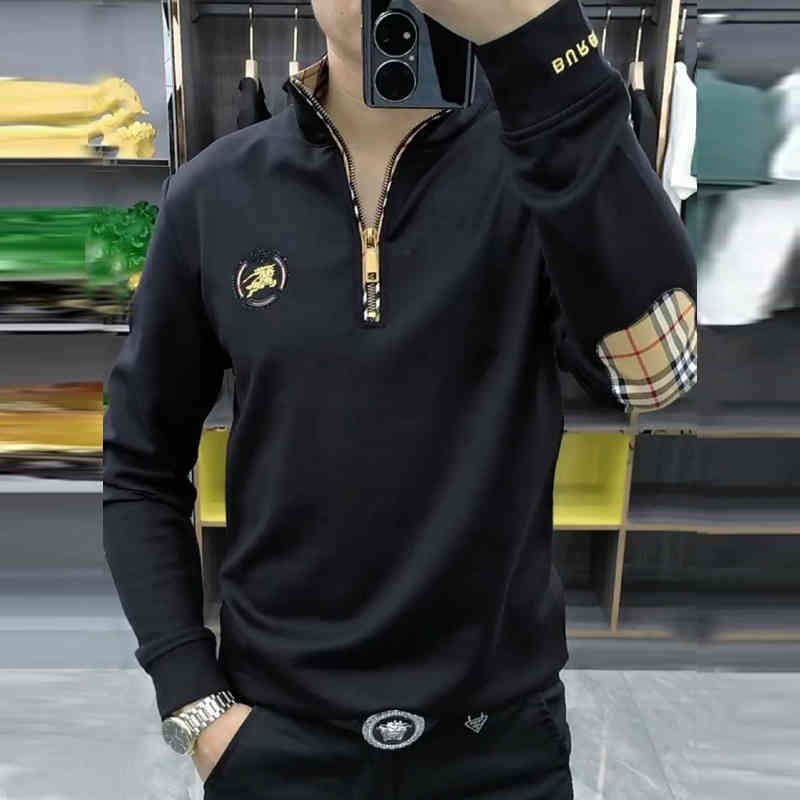 

Spring New Men's Stand Collar Bottoming Shirt Trend Fashion Zipper Pullover Embroidery Stitching Boutique Casual Sweater t, White