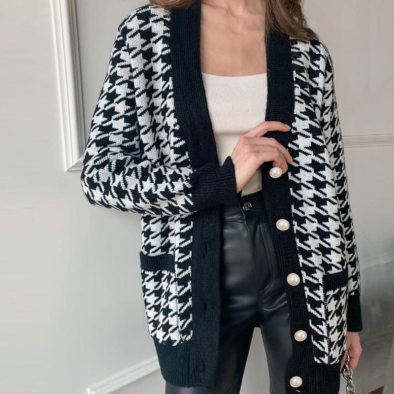 

Women' Knits & Tees Knitted Warm Vintage V-neck Sweater Autumn Print Loose Plaid Black Long Oversize Cardigan Winter Cardigans For WomenWom