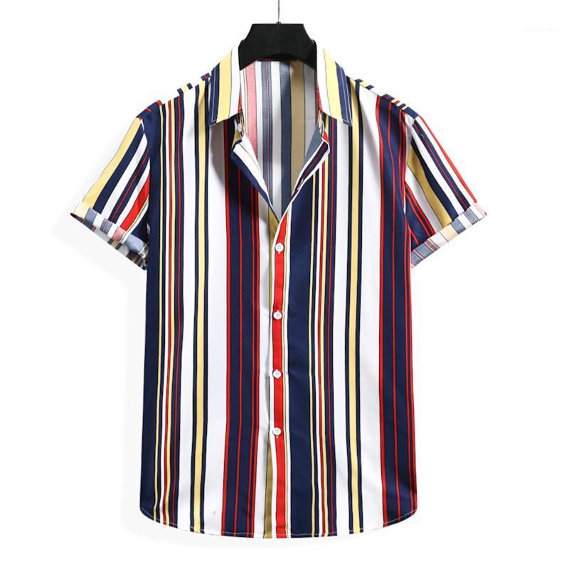 

Men' Casual Shirts For Men Striped Print Harajuku Daily Short Sleeve Summer Single-breasted Turn Down Collar Blouses Camisas Hombre, Red