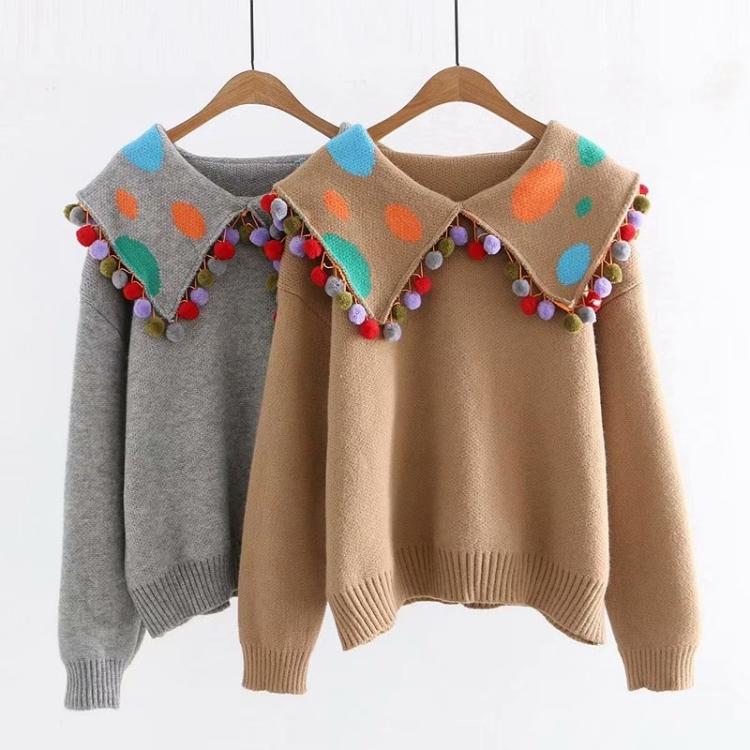 

Women's Sweaters Sweet And Cute Collar Ball Tassel Lapel Sweater Pullover Ladies Knit Gray Fashion Navy Wind 2022 Winter WomenWomen's, White