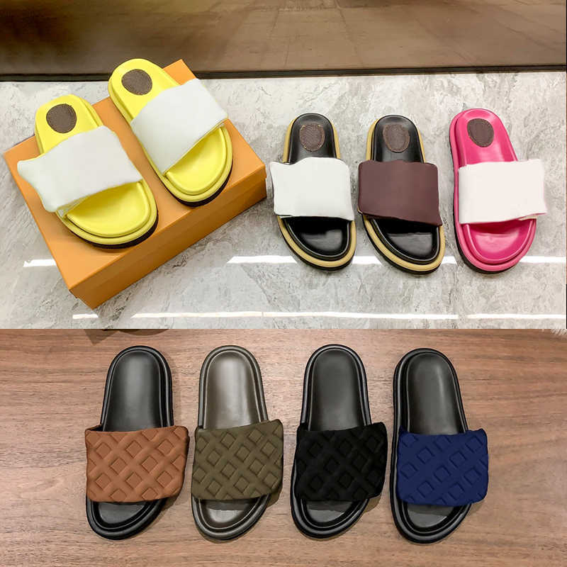

With box Sandal Slippers Pool Pillow Flat Comfort Embossed Mules Luxury Designer Slides women shoes pink black white yellow brown printed, Double box