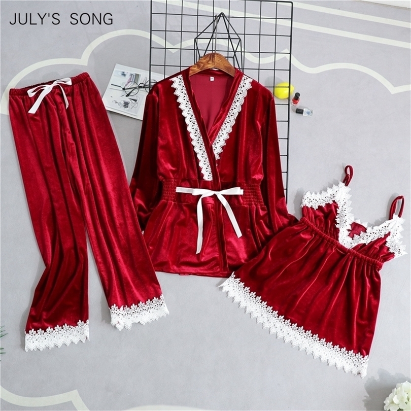 

JULY'S SONG Fashion Velvet 3 Pieces Warm Pajamas For Women Sexy Lace Sling Pyjama Set Winter Sleepwear Long Sleeves Nightwear 201114