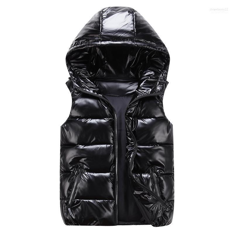 

Men's Vests Man/woman/ Child Vest Winter Hooded Glossy Cotton Casual Waistcoat Sleeveless Jacket Warm Overcoats Hat Stra22, Black