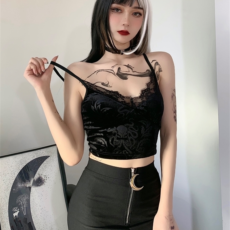 

InsGoth Mall Goth Lace Trim Black Camis Vintage Aesthetic Basic Camisole Women Sexy Spaghetti Straps Backless Corset Top 220407
