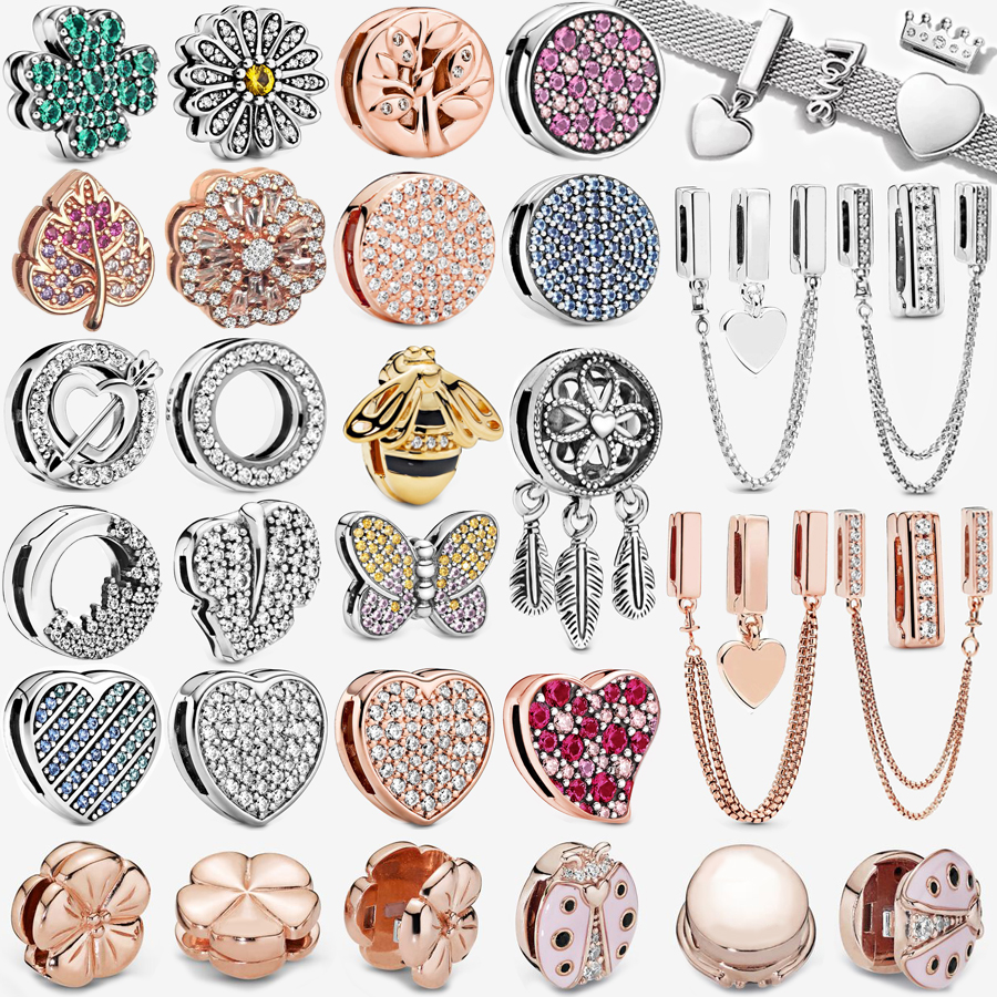 925 Sterling Silver Dangle Charm Couleur Réflexions Clip Perles Charms Rond Cristal Couronne Coeur Perle Fit Pandora Charms Bracelet DIY Bijoux A