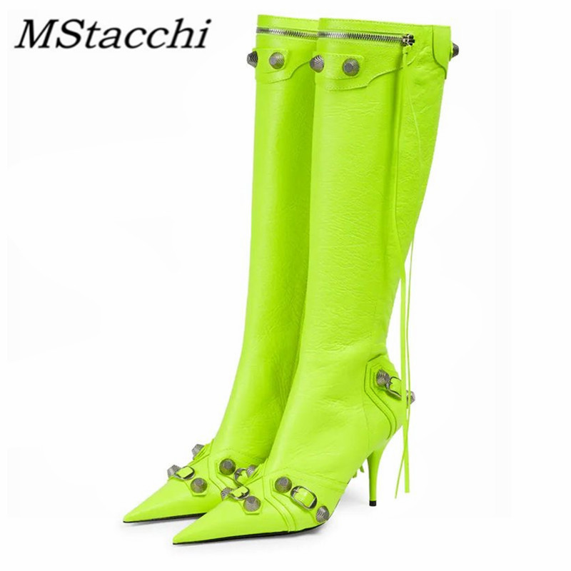 

Women High Heels Boots Woman Pointed Toe Stilettos Heels Knee High Boots Sexy Ladies Rivet Retro Pumps Botas Femininas 220813, Black
