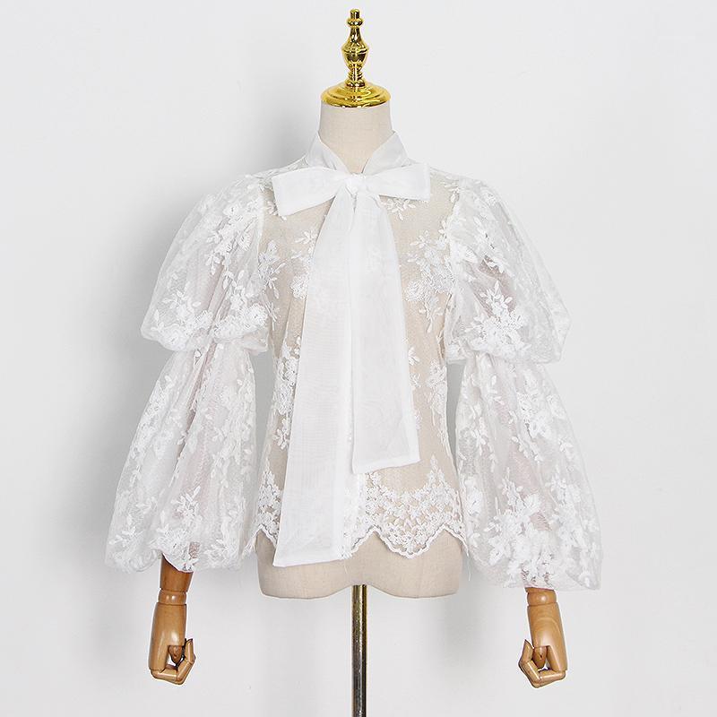 

Women' Blouses & Shirts See Through Blouse For Women Bow Collar Lantern Long Sleeve White Patchwork Lace Shirt Female Fashion Clothes, Black