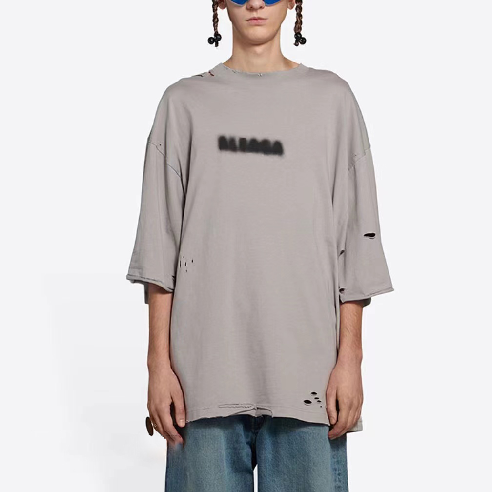 

22SS New Solid Color Washed Hole Tee Summer High-End Classic Letter Printed Short Sleeve Fashion Breathable Men Women Couples High Street T-shirts TJAMTX070, Gray