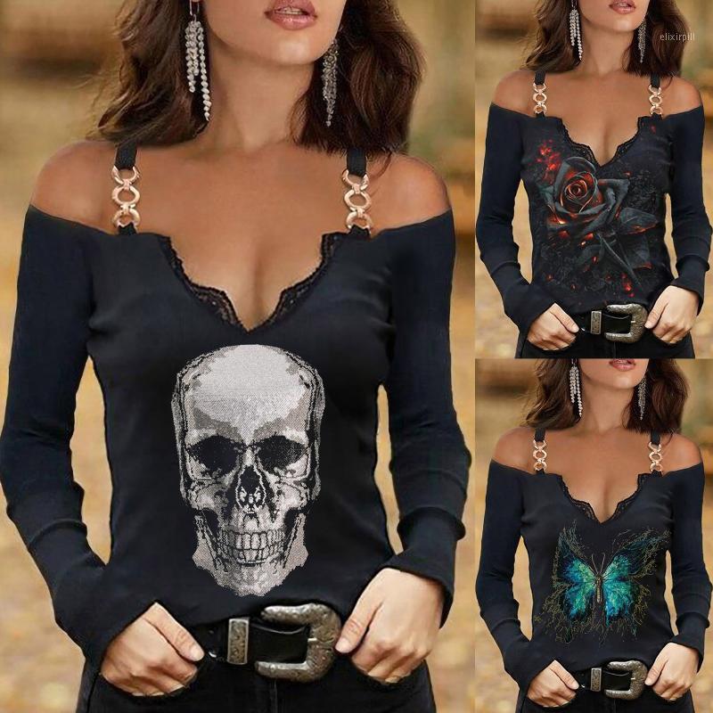 

Women' Blouses & Shirts Fashion Skull Rose Top Women Sexy Off Shoulder Streetwear Casual Shirt Elegant Female Fall Long Sleeve V Neck Print, Blue