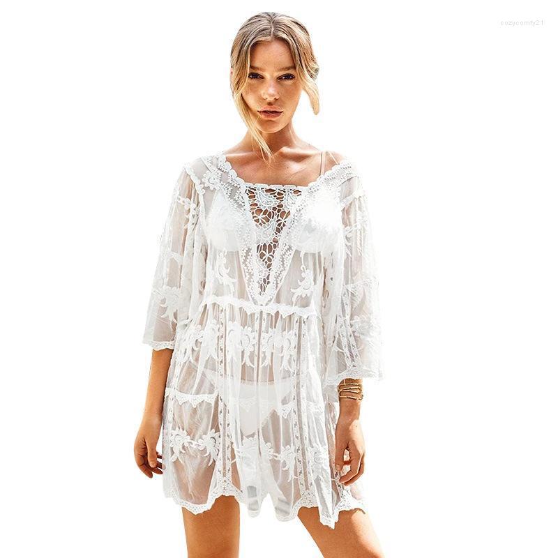 

Women Loose Comfortable Sexy Solid Color Lace Blouse Bathing Suit Cover Ups Swimwear Bikini Up Transparent Beach Women's, White