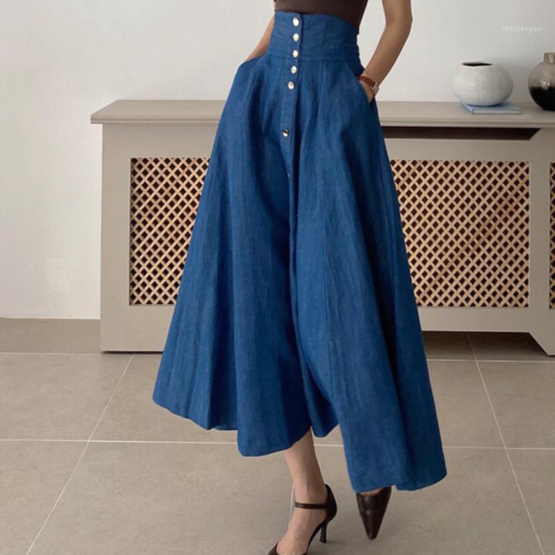 

[EWQ] Blue Casual Denim High Waist Single Breasted Long Half-body Skirt Women Summer 2022 All-match Bottom Clothing Skirts, Blue skirt m