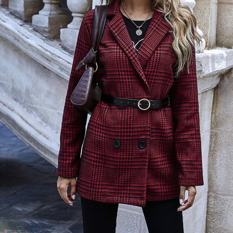 

Women' Suits & Blazers Winter Houndstooth Plaid Turn Down Coat Ladies Fashion Button Long Sleeved Commuting Overcoat Women Autumn Spring Su, Red