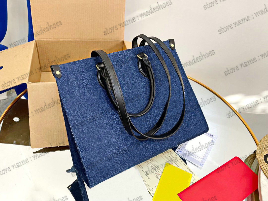 

Denim OnTheGo MM Tote Designer Navy Blue Jacquard Handle Bag Luxury Long Strap Shoulder Bag Stone-washed effect On The Go 32CM Large Capacity CrossBody