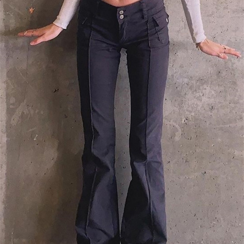 

ALLNeon Indie Aesthetics Slim Low Waist Flare Egirl Vintage Pockets Solid Y2K Pants Autumn 90s Fashion Black Trousers 220811