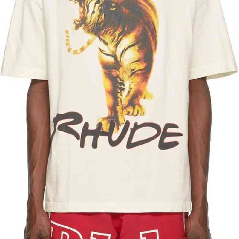 

Rhude Hip Hop t Shirt Retro Cool Loose Shirt Short Sleeves Cotton Breathable Tops Niche Fashion Rhude Tiger Hd Printing Double Yarn Sleeve, White