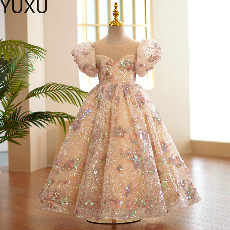 Custom Made Belle Rose Fleur Filles Robes pour Les Mariages 2022 Jolies Filles Formelles Robes Mignon Satin Puffy Tulle Paillettes Pageant Robe P