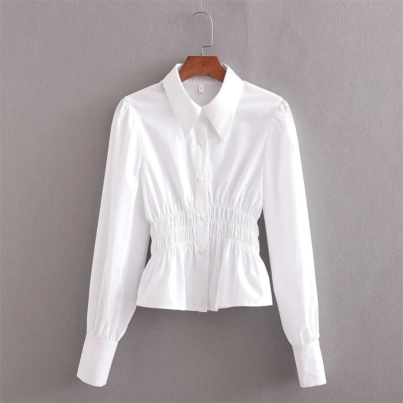 

Women Blouse Shirt Elastic Slim Waist Long Sleeves Elegant Vintage Chic Lady Woman White Blouse Shirt Tops 210709, As picture