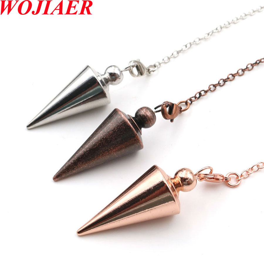WOJIAER Cone Metal Dowsing Pendulum Pendant for Divination Shuttle Spiritual Pendulo Radiestesia Healing Pendule Esoterics BO961-image-767008140