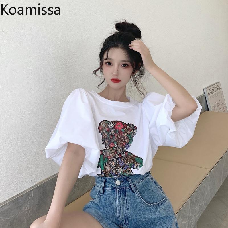 

Women' T-Shirt Koamissa Short-sleeved Women' Summer Sweet Student Korean Loose Tops Lantern Sleeves Cartoon White Tshirts DropWomen