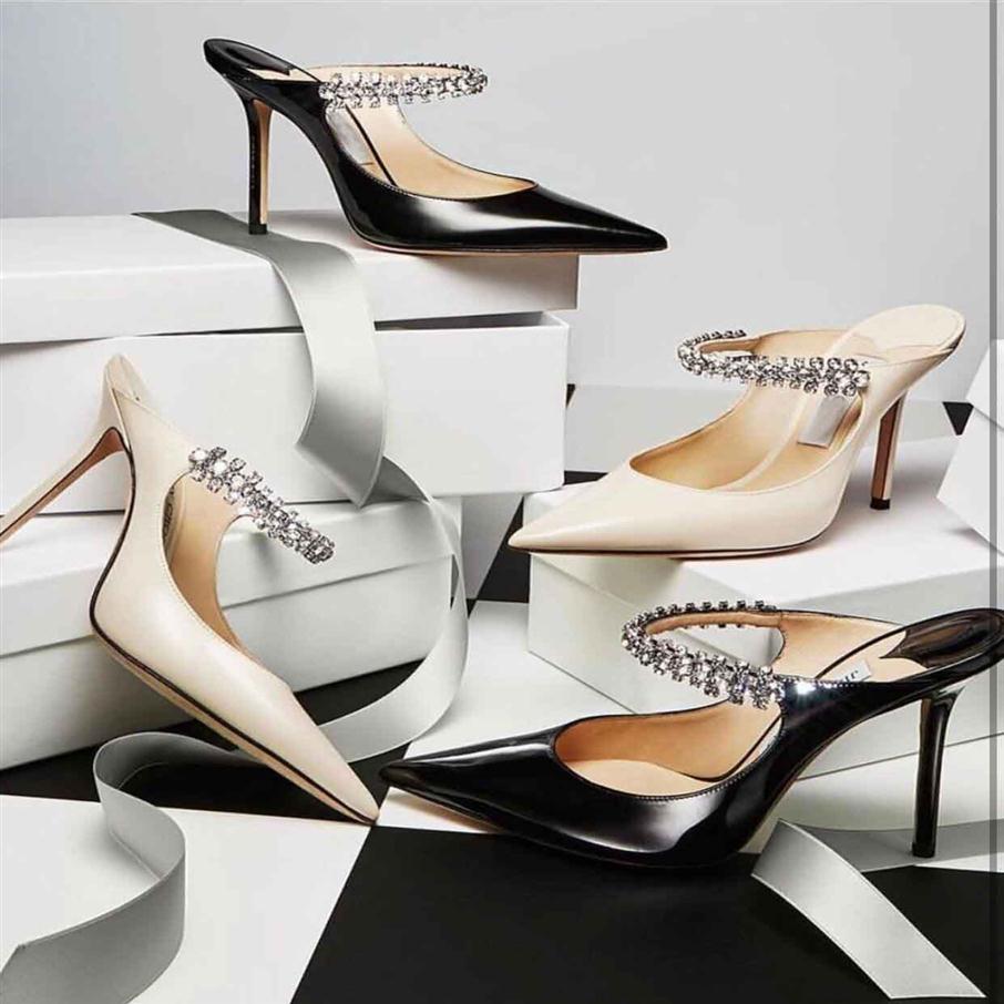 Sandales de mariage Bridal Chaussures - Luxurious Brand Bing Mules Slippers Crystal-Embellifhed Patent Le cuir Pompes Twinkles High H268M