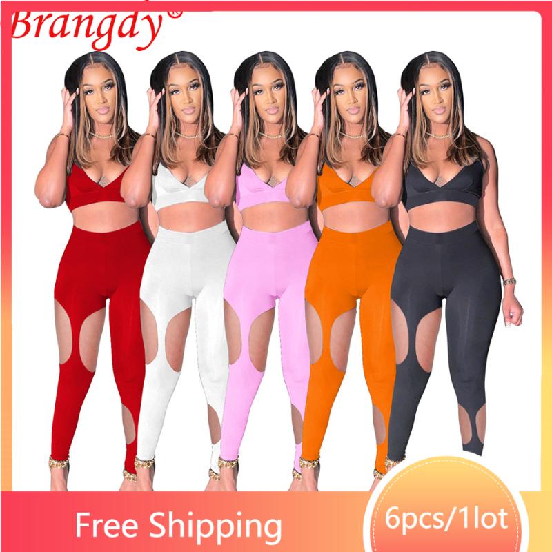 

Women' Two Piece Pants Wholesale Items Fashion Sport 2 Set Outfits 2022 Sexy Halter Lace Up Y2k Tops Women Sleeveless Hollow Out Tracksuit, Black