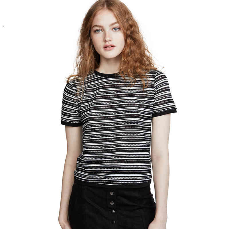 Women's Knits Tees Hollow out sweater women's summer color contrast thin Tencel versatile stripe loose short sleeve top T
