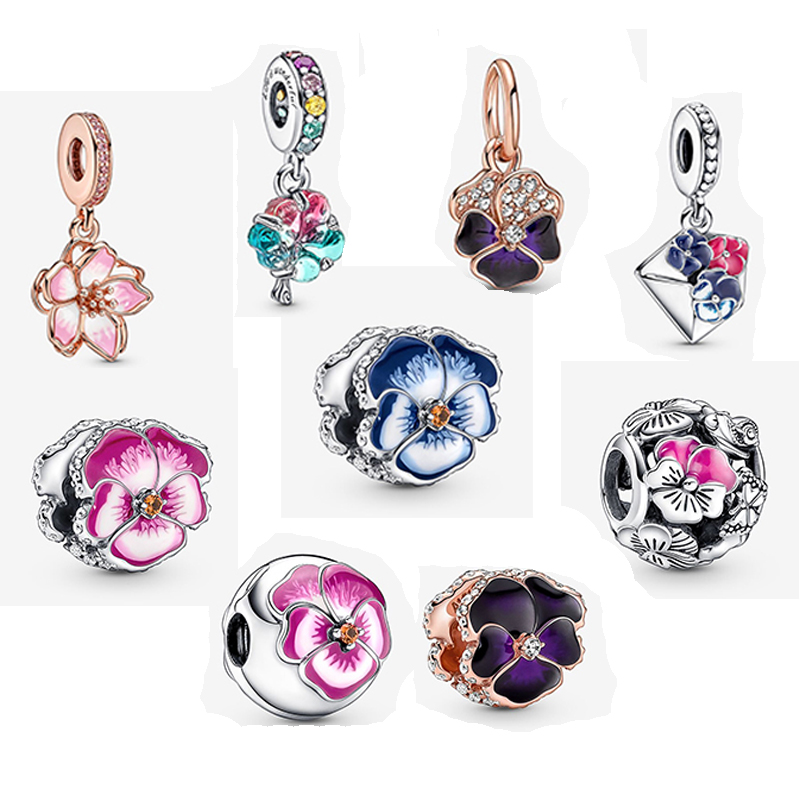 2022 Spring 925 Sterling Silver Fit Pandora Charms Bracelets Blue Red Black Pansy Dangle Butterfly Charm for European Women Wedding Original Fash-image-759633985