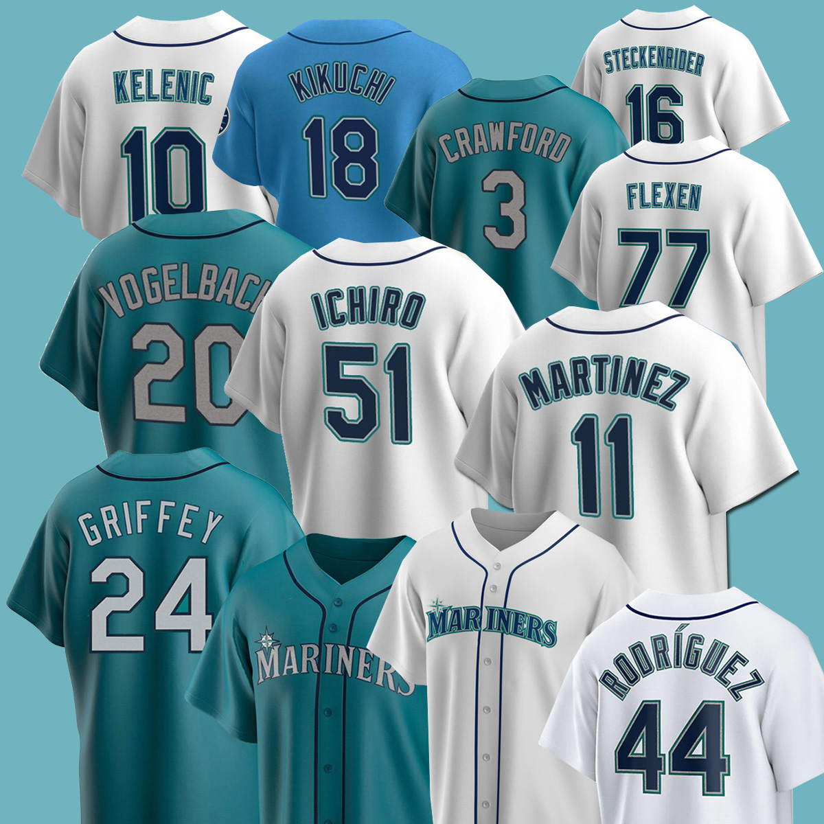 

24 Ken Griffey Jr Mariners Baseball Jerseys 44Julio Rodriguez 17 Mitch Haniger Jarred Kelenic Jesse Winker Eugenio Suarez Adam Frazier, Men(shui shou)