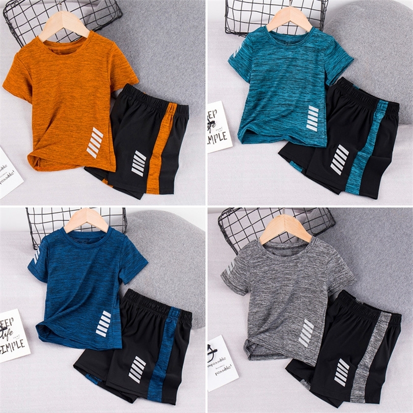 

Boys Fashion Summer Sets Short-Sleeved Shorts Two Pieces Suit Breathable Casual Sport Kids Clothes Sweatsuit For Teens 220419, Orange