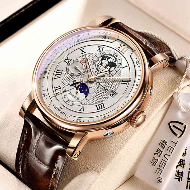 2022 TEVISE Affaires Étanche Hommes Mécanique es Top Marque De Luxe En Cuir Pour Hommes Phase De Lune Automatique Poignet Y220707