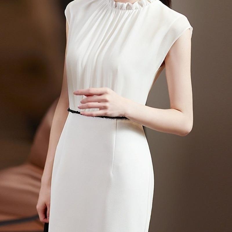 

Casual Dresses Pencil Dress Elegant HI-Q Draped Office Clothes Midi Summer French Chiffon Bead Waist Shoulder Sleeve White Skirt StreetwearC