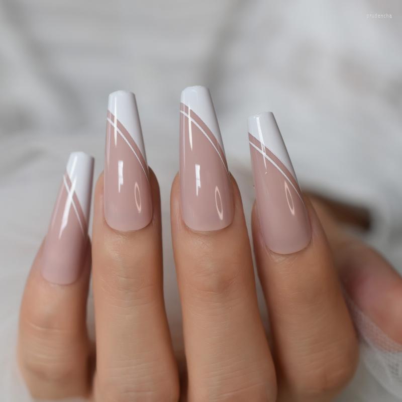 

False Nails Extra Long Ballerina Faux Ongles White Hypotenuse Line Decorative French Nail Art Tips Nude Pink Base Manicure Tip 24 Prud22, L6210
