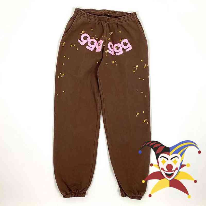 

Brown Puff Print Graffiti Spider Web Pattern 555555 Sweatpants Men Women Sp5der Pants Joggers Drawstring Trousers
