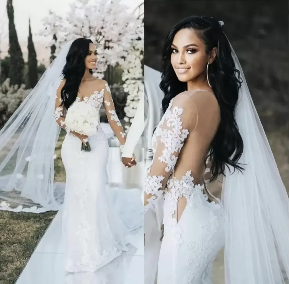 Robes de mariée sirène 2022 avec une longue manche illusion dubaï arabe sexy paride robes de mariée nuptiale en dentelle en dentelle en tulle
