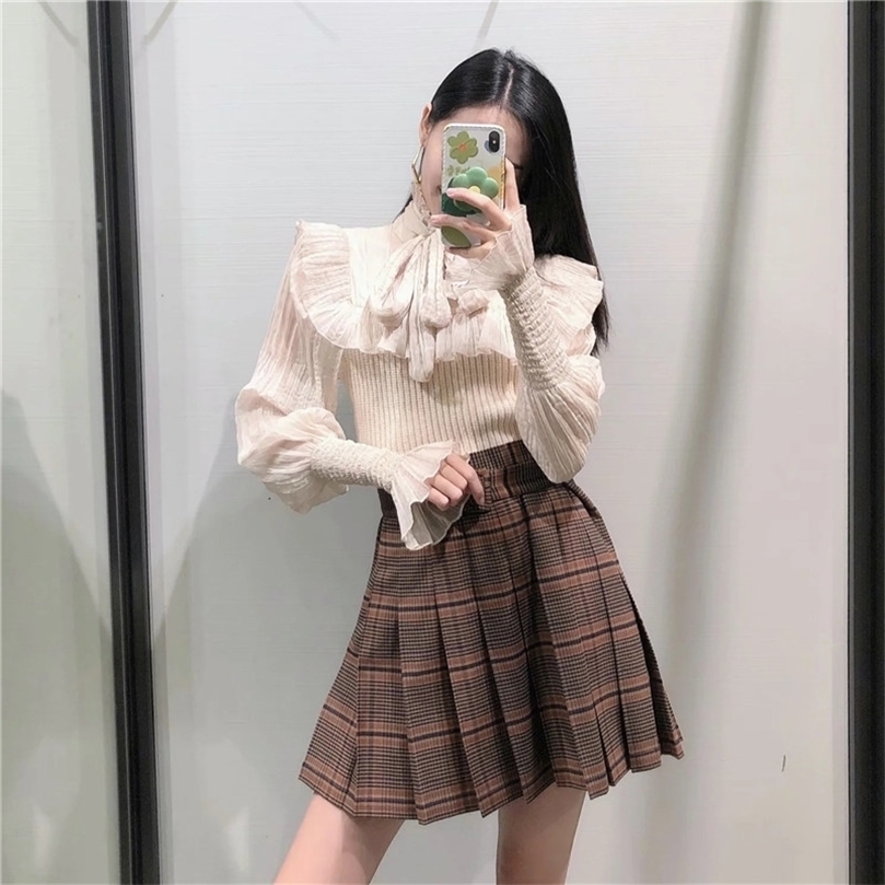 

Za Top Women Contrast Organza Patchwork Cropped Knitted Sweater Woman Fashion High Neck Bow Tied Long Sleeve Ruffle Blouse 201203, Beige