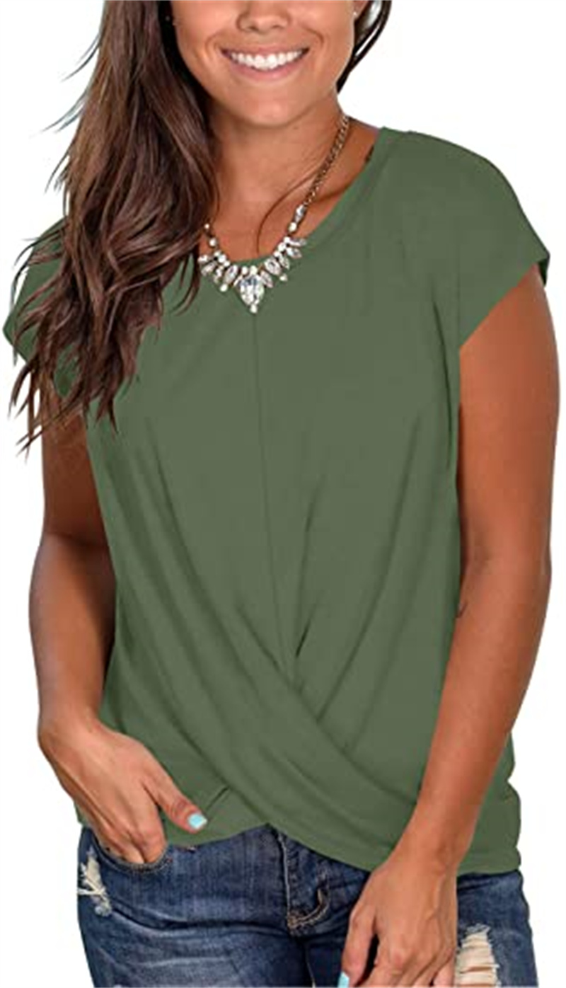 

Women's TOPS short sleeve round collar T - shirt front twist end waist jacket casual loose style, Photo color