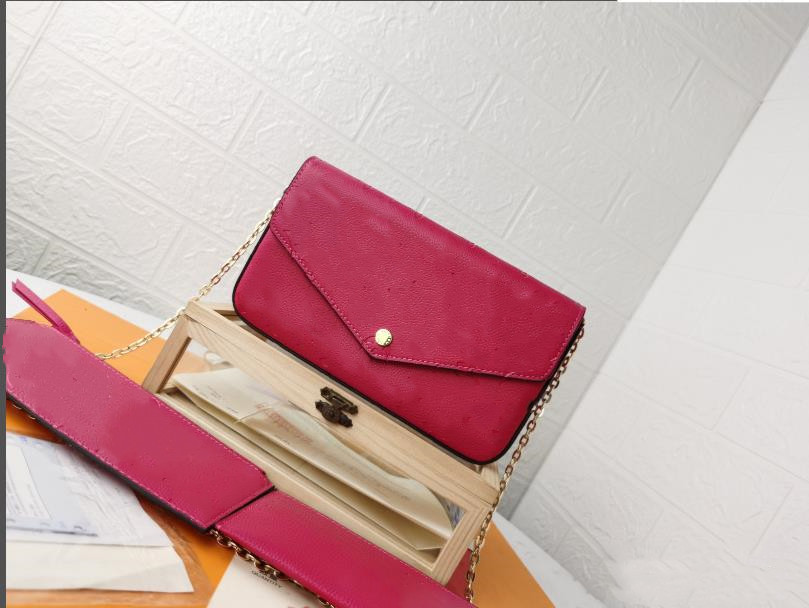 

New Style Designer Leather 3piece Set Purse Handbags Chain Shoulder Crossbody Bag engraved letters Women Handbags with box and serial Code, Red