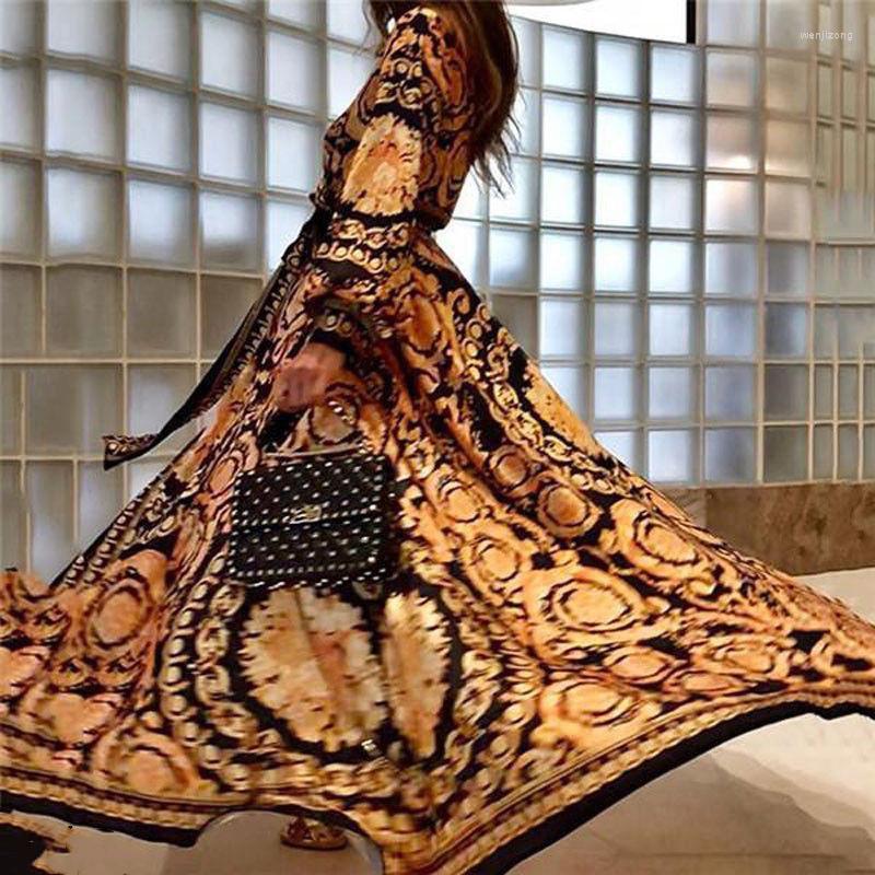 

Casual Dresses Women Boho Floral Printed Dress Sexy V Neck Long Maxi Loose Beach Holiday Summer Sundress Full Sleeve Plus Size, As photo show