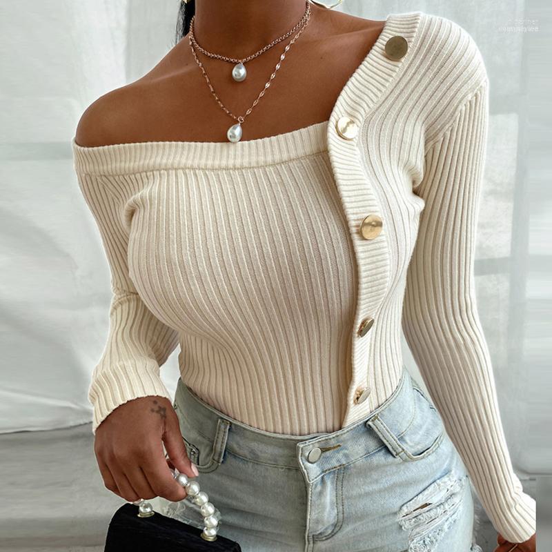 

Women's Sweaters Women Solid Button Design Off Shoulder Long Sleeve Knit Sweater Female Casual One Tops Ladies Pullover Blusas Olga22, Black