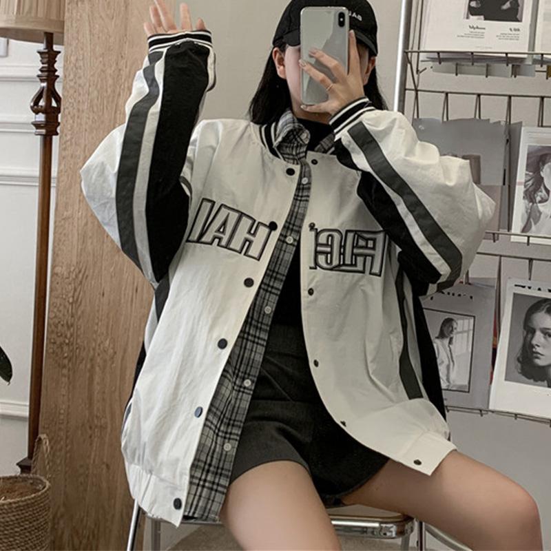 

Women' Jackets Women Letter Embroidery Baseball Jacket White Two-piece Uniform 2022 Preppy Style Harajuku Casual Oversize Outwear