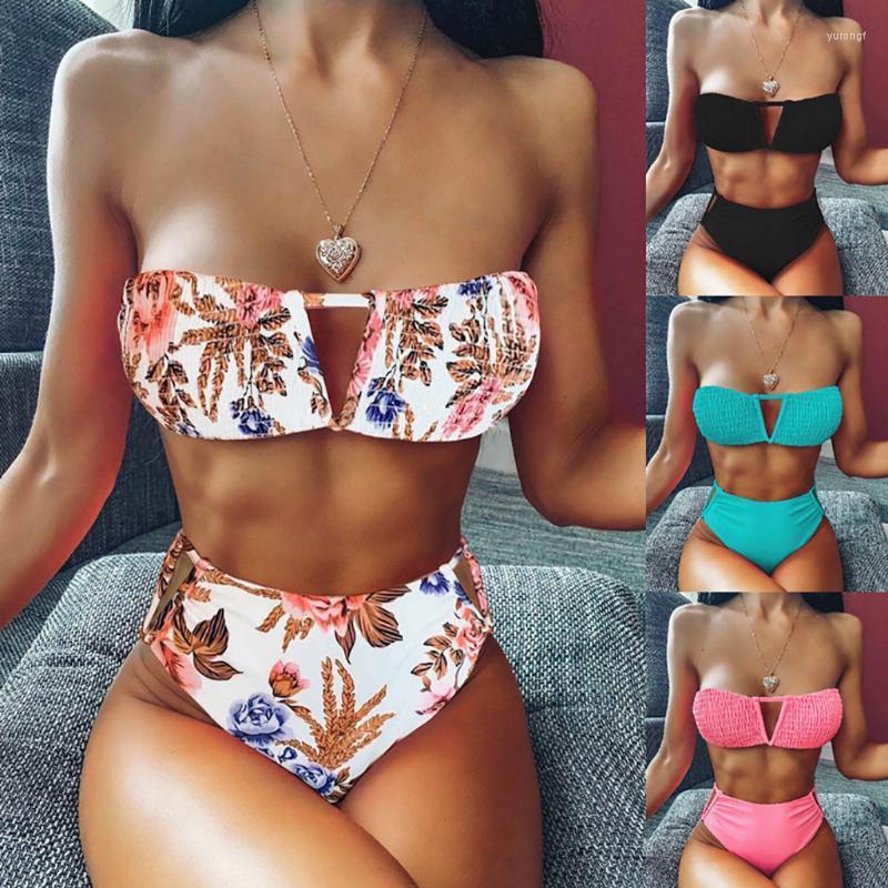 

Bras Sets 2022 Women's Biquini Fashion Floral Printing Bathing Suit For Bathers Off Shoulder Split Underwear Set Push Up Pad Intimates, Black