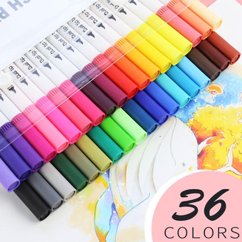 

Paintings Double-headed Watercolor Pen Kit With Soft-tip & Needle Tip 12/24/36 Color Water-based Painting Set For Children Gifts